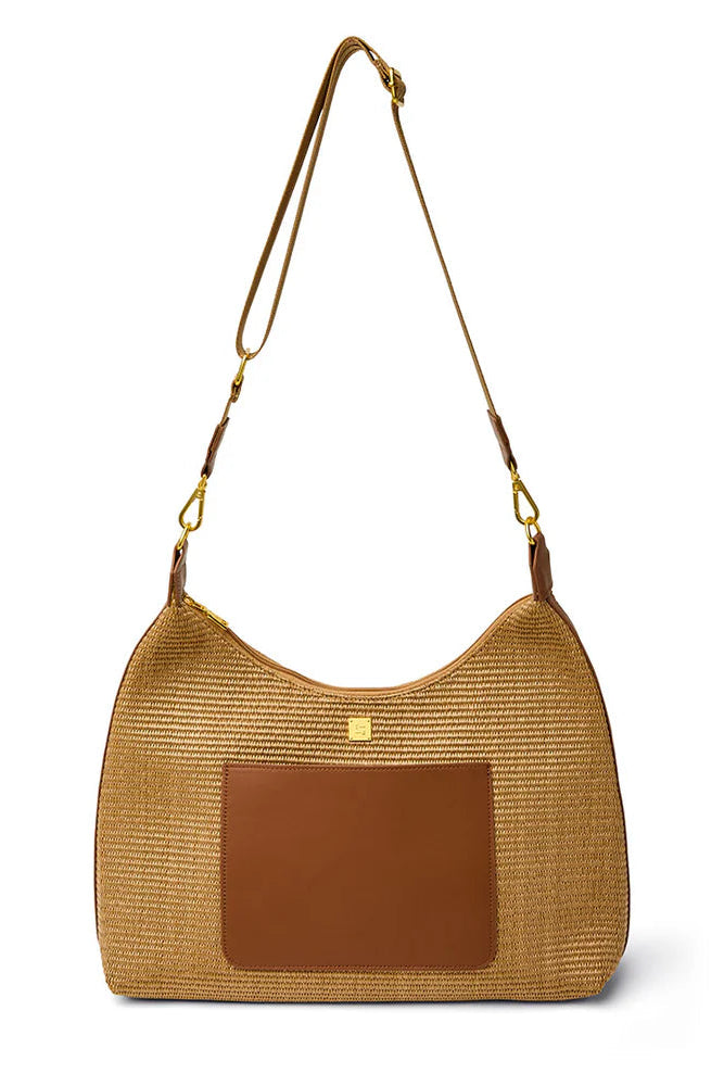 Seaside satchel with mocha leather in sand dune raffia front view