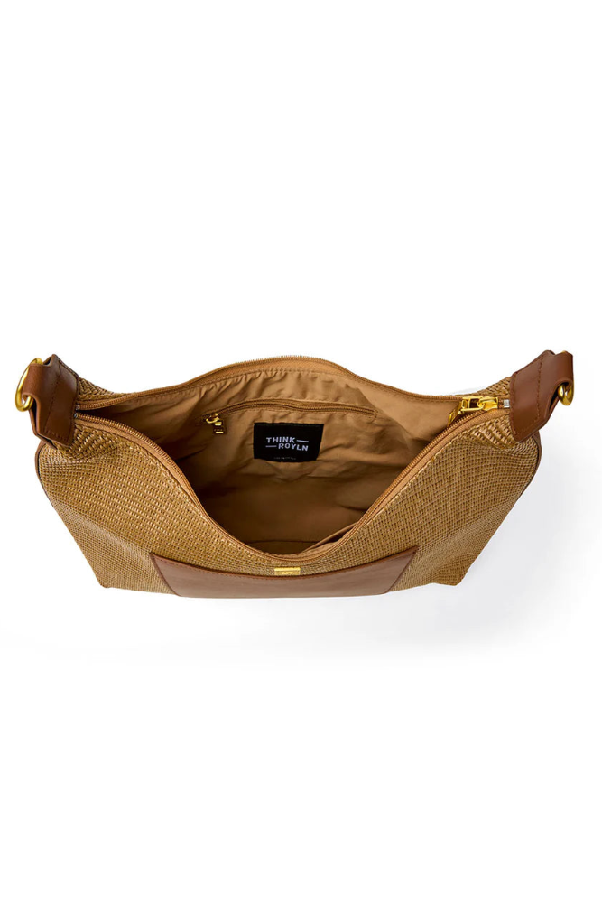 Seaside satchel with mocha leather in sand dune raffia inside view