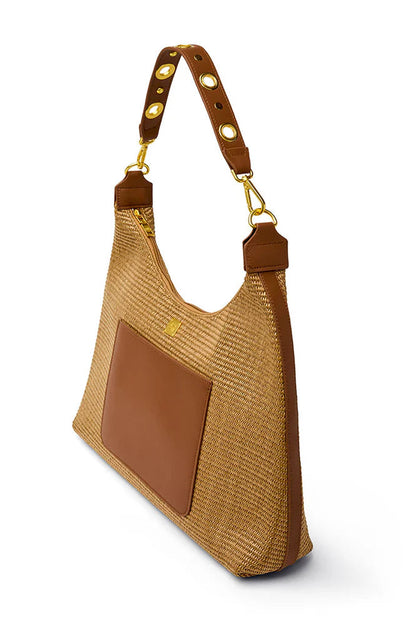 Seaside satchel with mocha leather in sand dune raffia side view