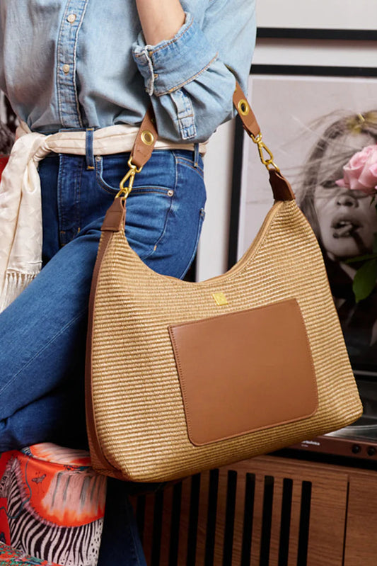 Seaside satchel with mocha leather in sand dune raffia style view