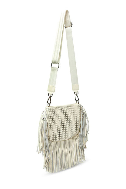 Free spirit fringe saddle bag in cream perferated leather back view