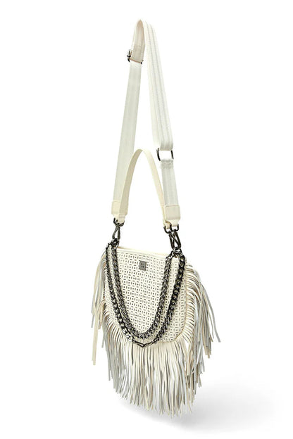 Free spirit fringe saddle bag in cream perferated leather front view
