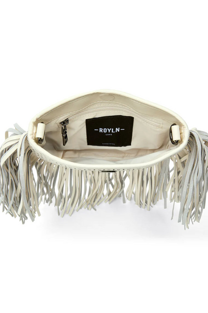 Free spirit fringe saddle bag in cream perferated leather inside view