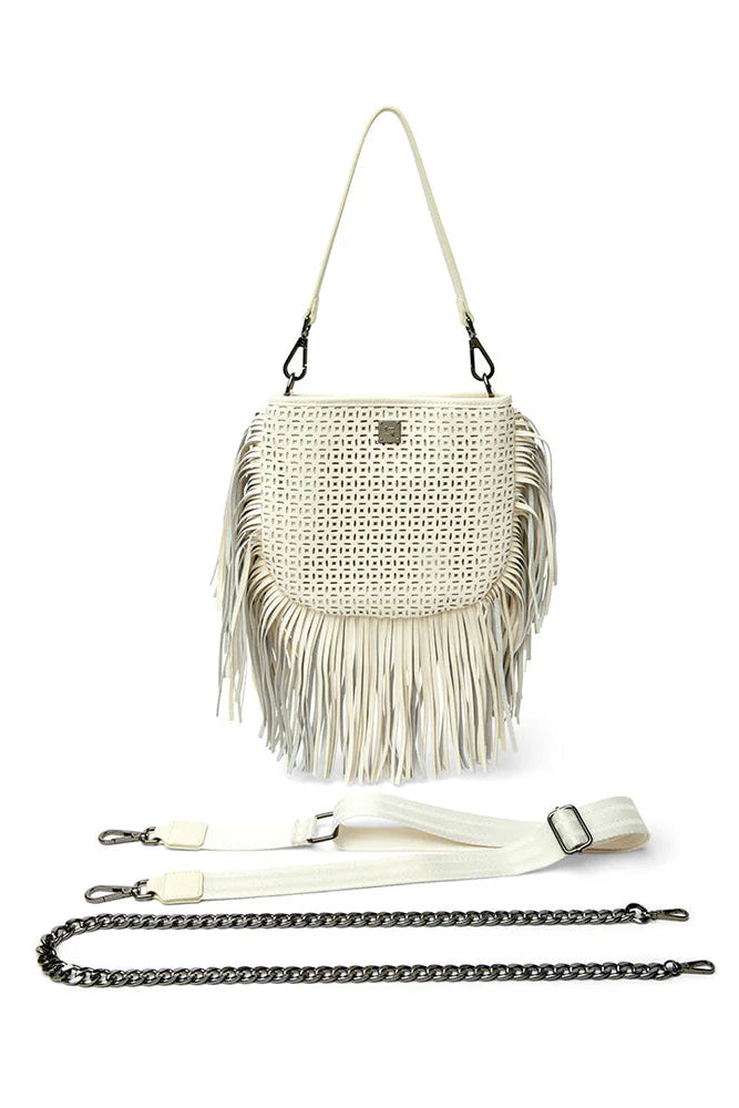 Free spirit fringe saddle bag in cream perferated leather strap view