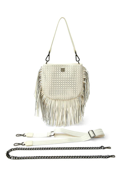 Free spirit fringe saddle bag in cream perferated leather strap view