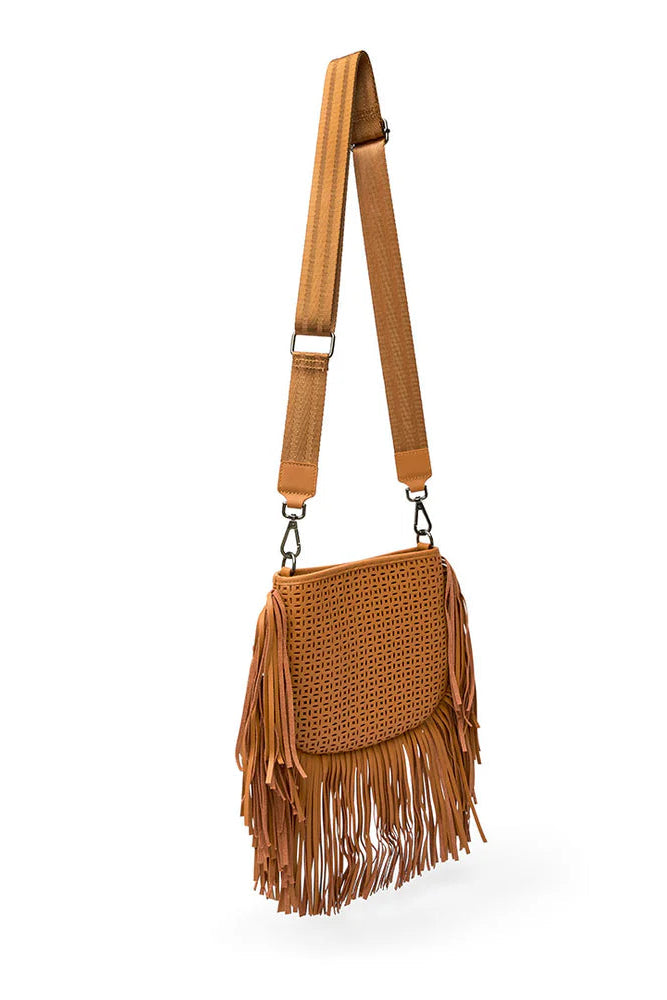 Free spirit fringe saddle bag in terracotta  perferated leather back view