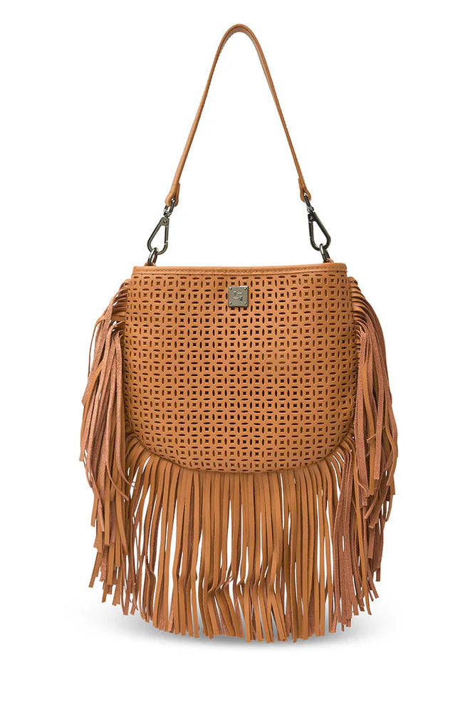 Free spirit fringe saddle bag in terracotta  perferated leather front view