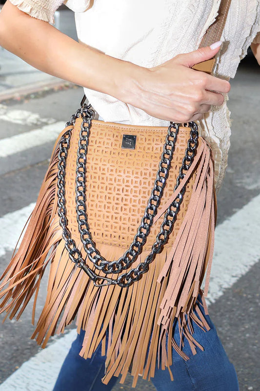 Free spirit fringe saddle bag in terracotta  perferated leather style view