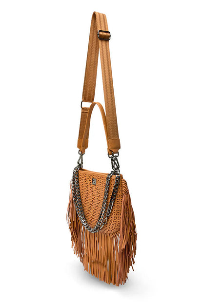 Free spirit fringe saddle bag in terracotta  perferated leather side view with all straps attached