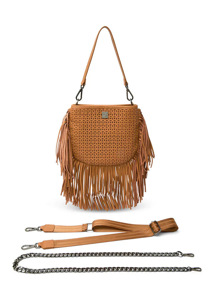 Free spirit fringe saddle bag in terracotta  perferated leather assorted strap view