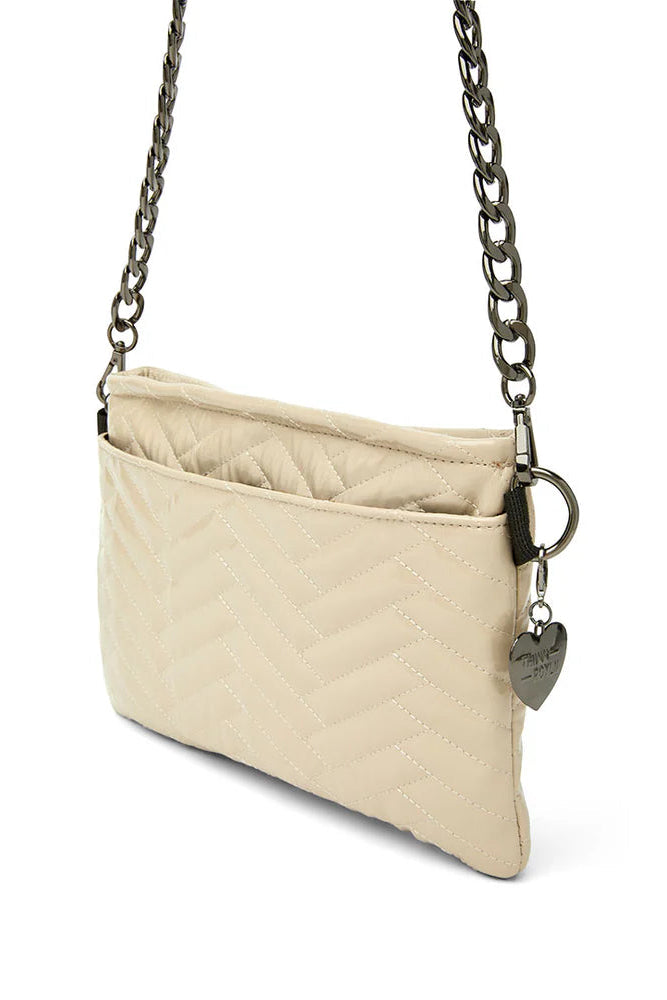 Almost famous crossbody or clutch in blond patent back view