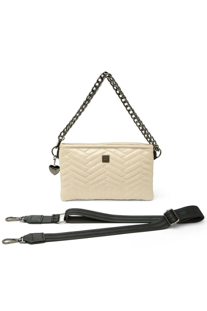 Almost famous crossbody or clutch in blond patent straps view