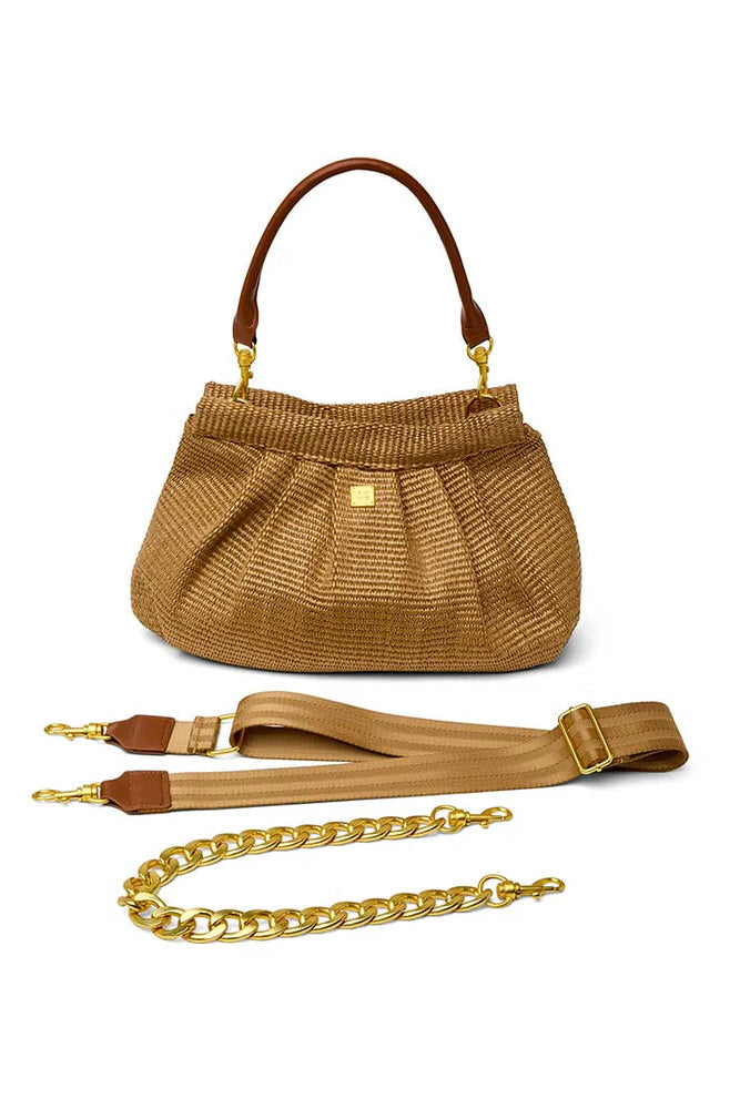 Dynasty handbag in sand dune raffia view of various straps