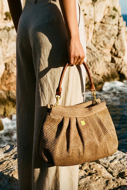 Dynasty handbag in sand dune raffia style view