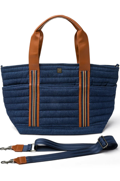 Journey tote in dark denim view with extra strap