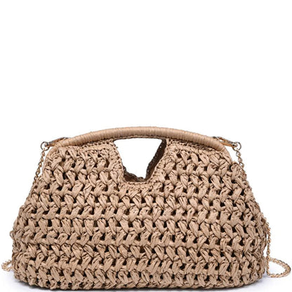 Natural woven crossbody bag with crochet weave, chain strap, and triangular front