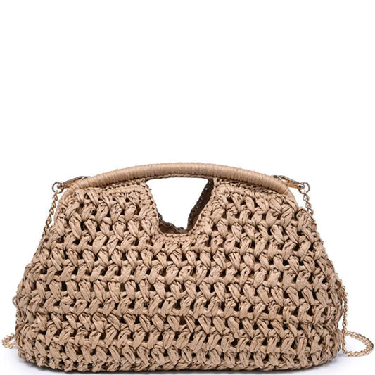 Natural woven crossbody bag with crochet weave, chain strap, and triangular front