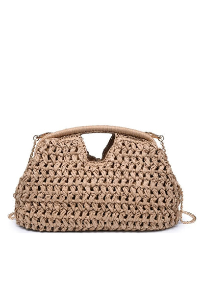 Natural woven crossbody bag with crochet texture, top handle loop, and chain strap