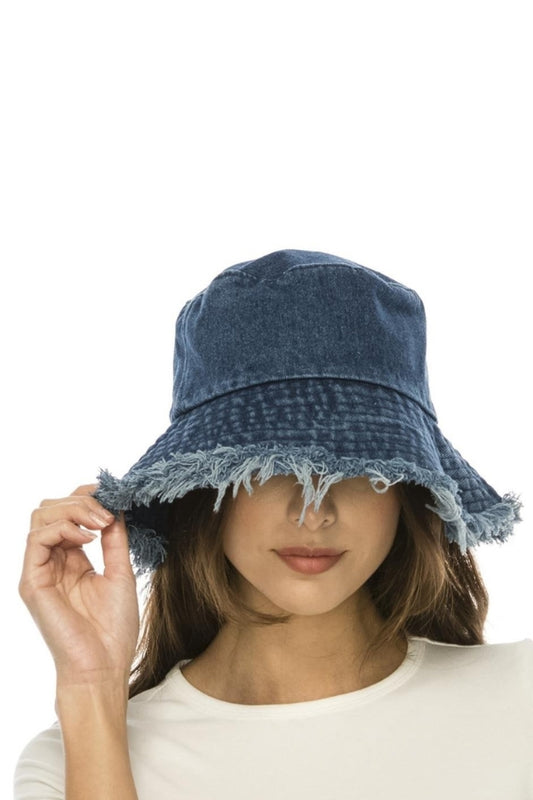 Woman wearing denim bucket hat