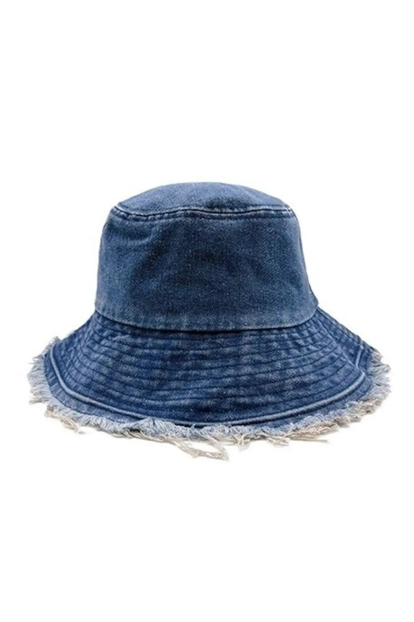 Blue denim bucket hat with frayed edge wide brim and stitched crown