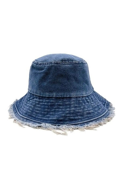 Blue denim bucket hat with frayed edge wide brim and stitched crown