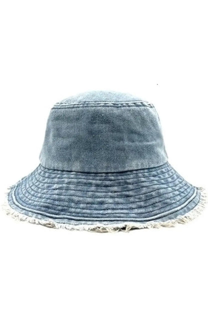 Light blue denim bucket hat with frayed wide brim and stitched crown