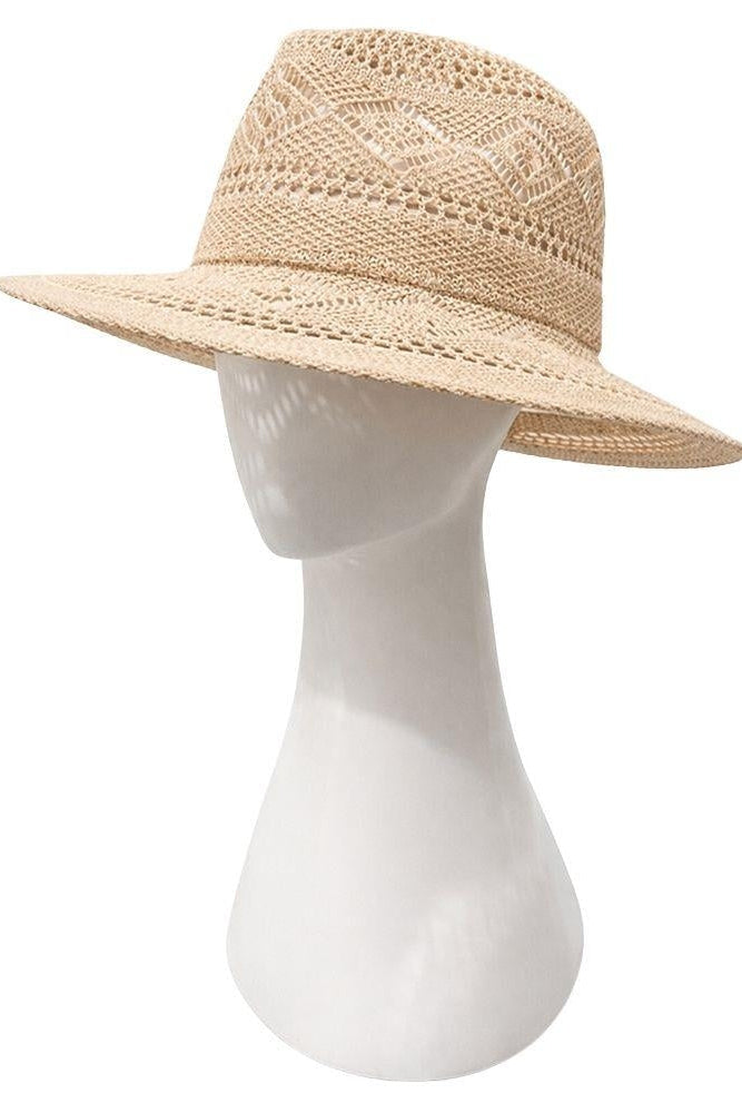 Tan woven straw fedora with stitched band and wide flat brim