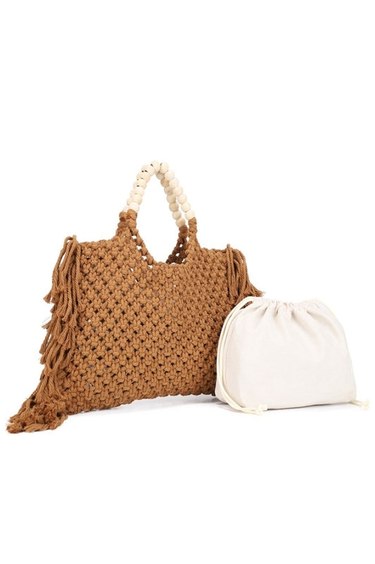 Brown boho tassle tote bag with beaded handles and matching drawstring pouch