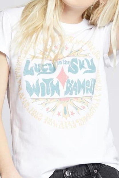 White crewneck T-shirt, cropped view, with “Lucy in the Sky” heart graphic