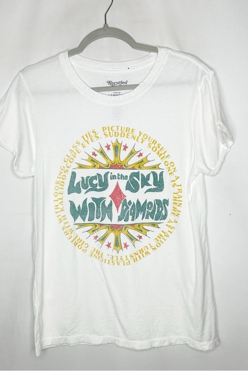 White crewneck T-shirt with colorful circular “Lucy in the Sky” graphic