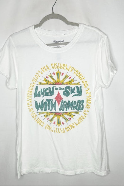 White crewneck T-shirt with colorful circular “Lucy in the Sky” graphic