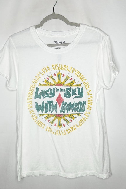 White crewneck T-shirt with colorful circular “Lucy in the Sky” graphic