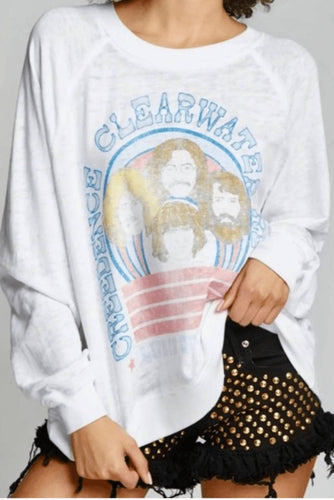 White long sleeve T-shirt with large front band-style graphic print