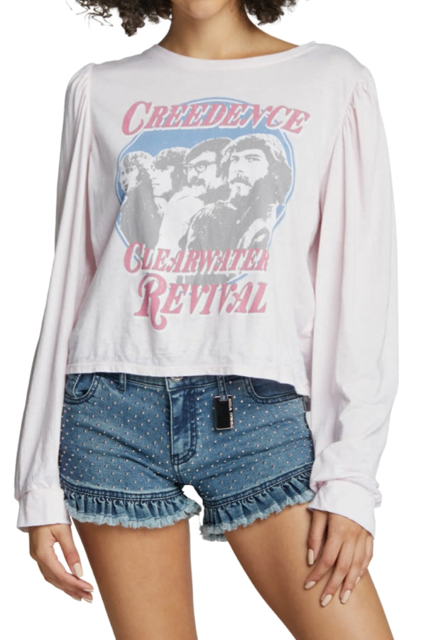 Petal pink long-sleeve puff-sleeve tee with Creedence Clearwater Revival front graphic