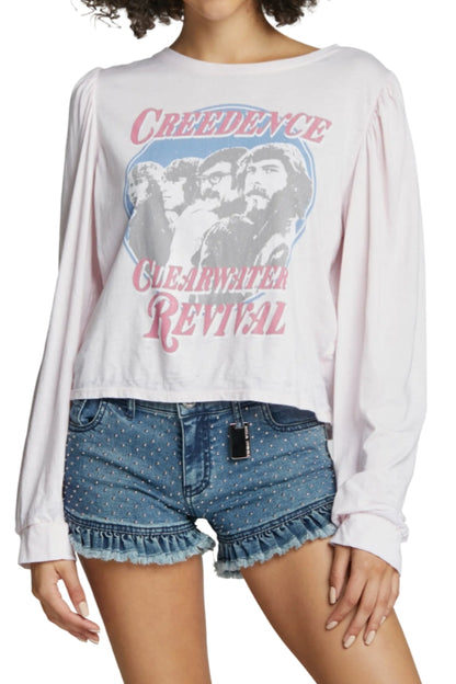Petal pink long-sleeve puff-sleeve tee with Creedence Clearwater Revival front graphic