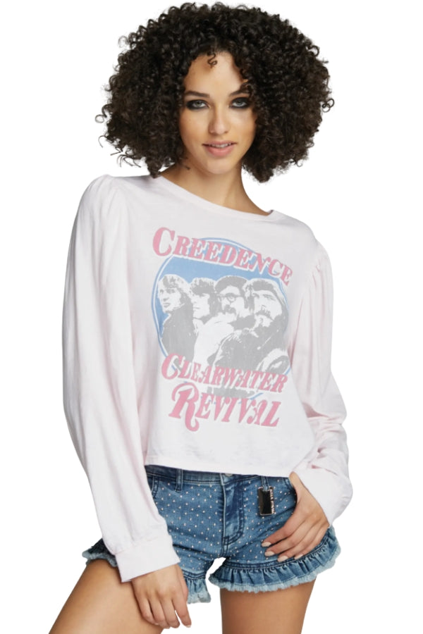 Petal pink long-sleeve puff-sleeve tee with Creedence Clearwater Revival logo print