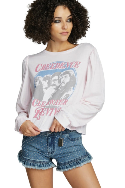 Petal pink long-sleeve puff-sleeve tee with crewneck and Creedence graphic front