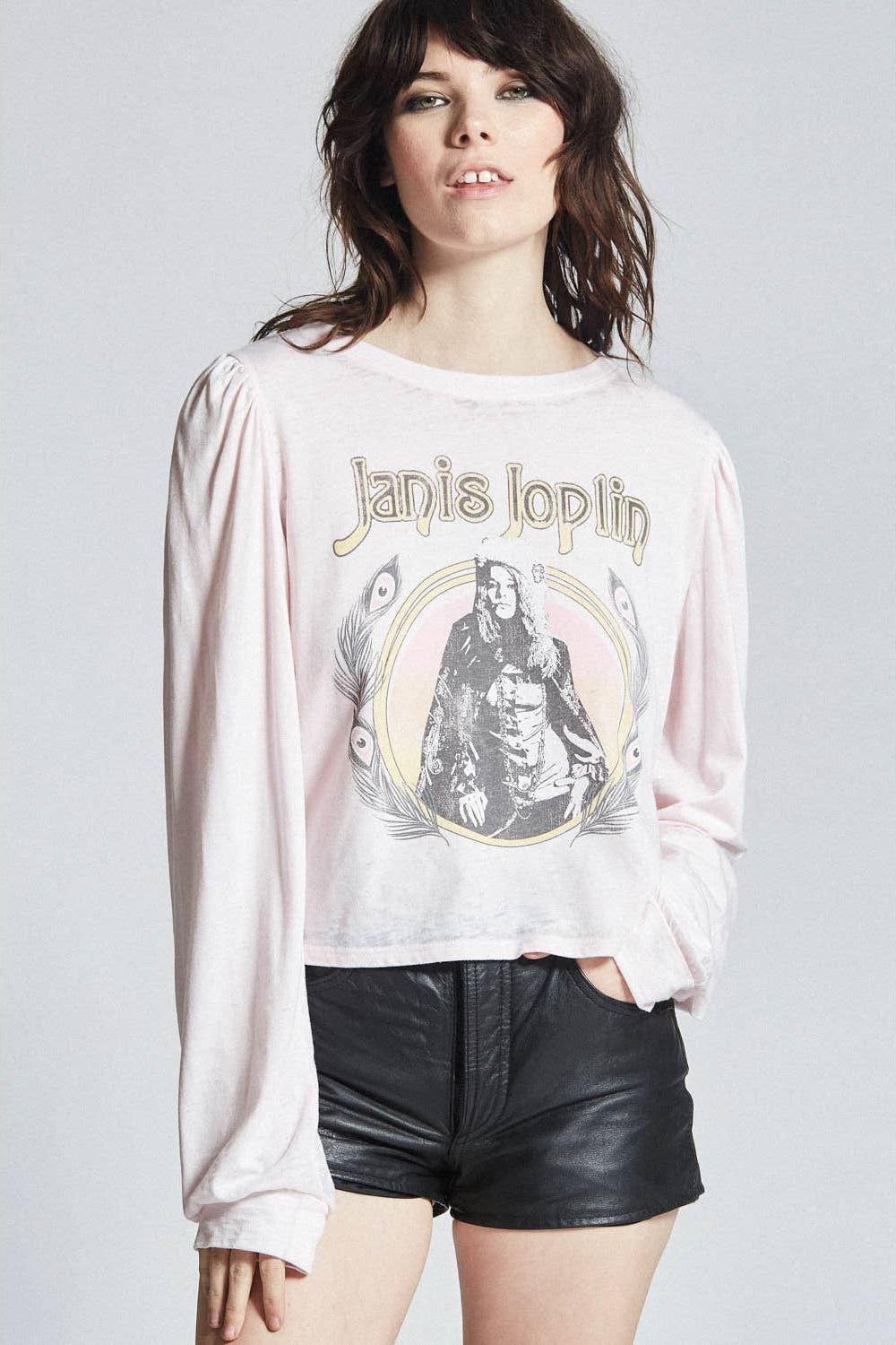 Petal pink long-sleeve puff top with centered Janis Joplin portrait graphic