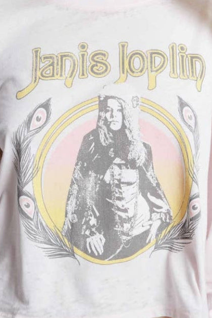 Petal pink long-sleeve top close-up with Janis Joplin text and portrait feather graphic