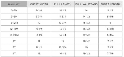 Track set size chart: chest width, full length, waistband, short length.
