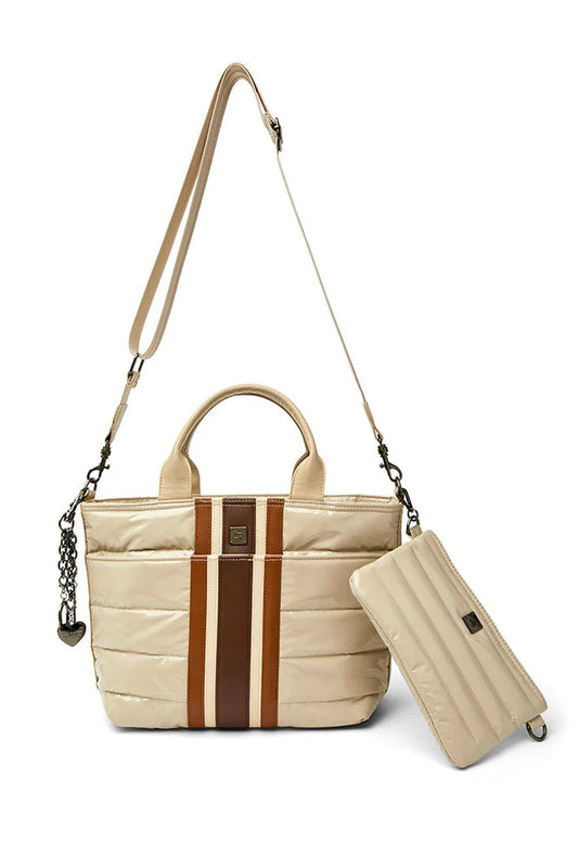 Getaway tote bag in blonde patent front view