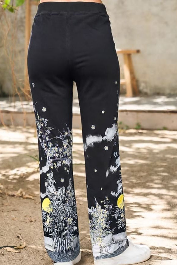 Bamboo print lounge pant in black back view