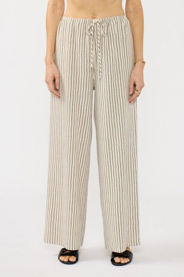 Natural wide-leg pants with vertical pinstripes, elastic drawstring waist