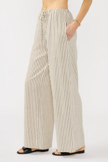 Natural striped wide-leg trousers, cuffed hems, gathered elastic waist