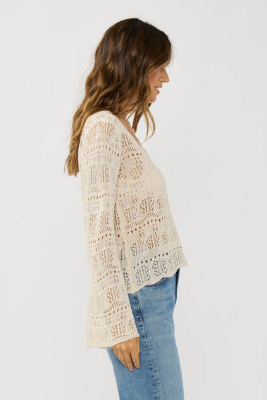 Natural crochet top, V-neck and long sleeves with openwork stitch detailing