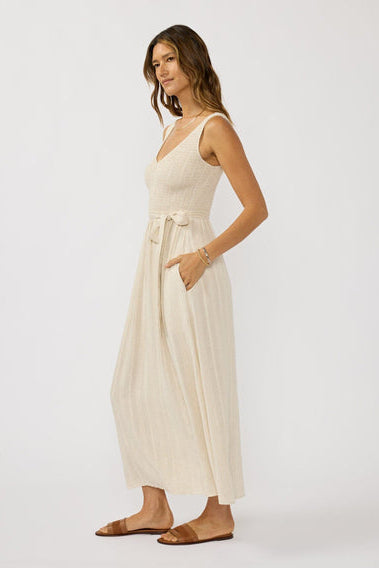 Side view of v neck midi dress in natural 