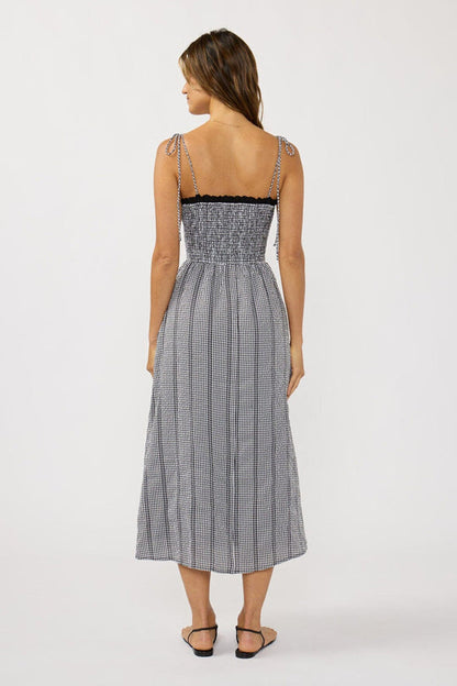 Smocked black & white gingham midi dress back