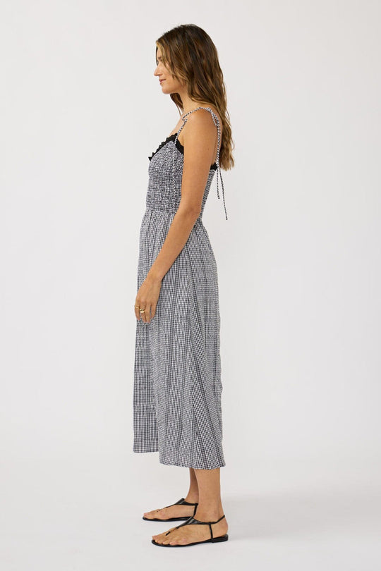 Smocked black & white gingham midi dress side