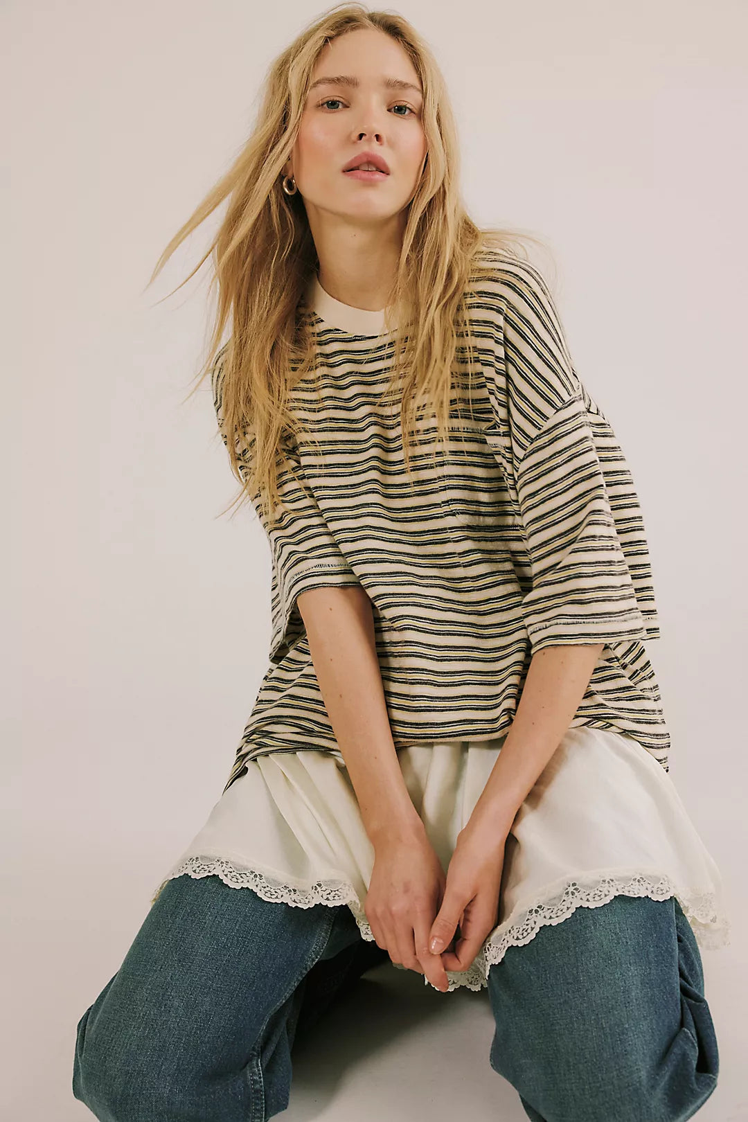 Striped pocket tee with short sleeves and scoop neckline