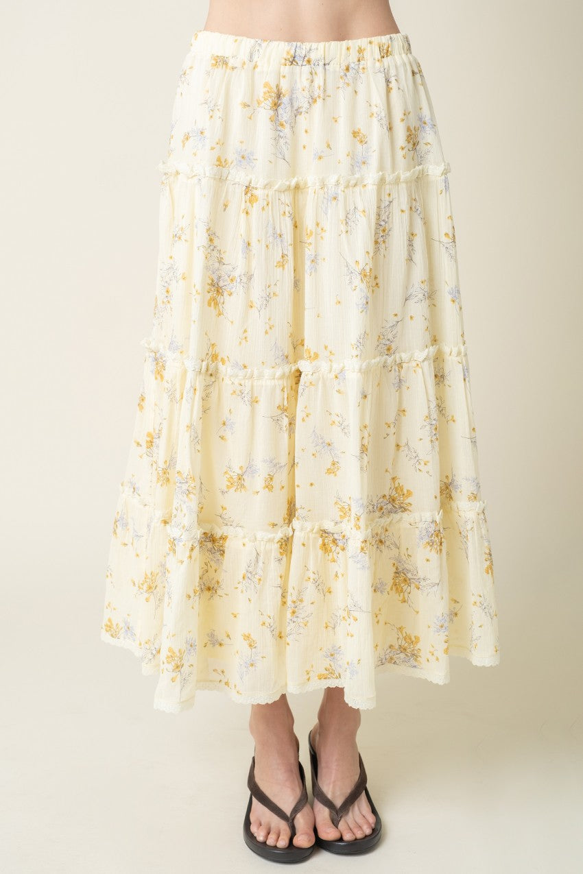 Floral maxi skirt in butter front view